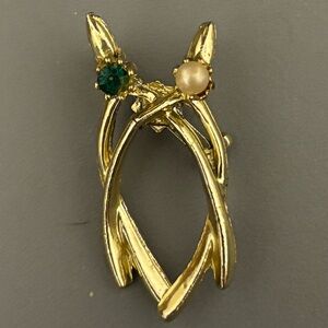 Interlocking Wishbone Vintage Brooch Gold MetalGreen RhinestoneFaux Pearl